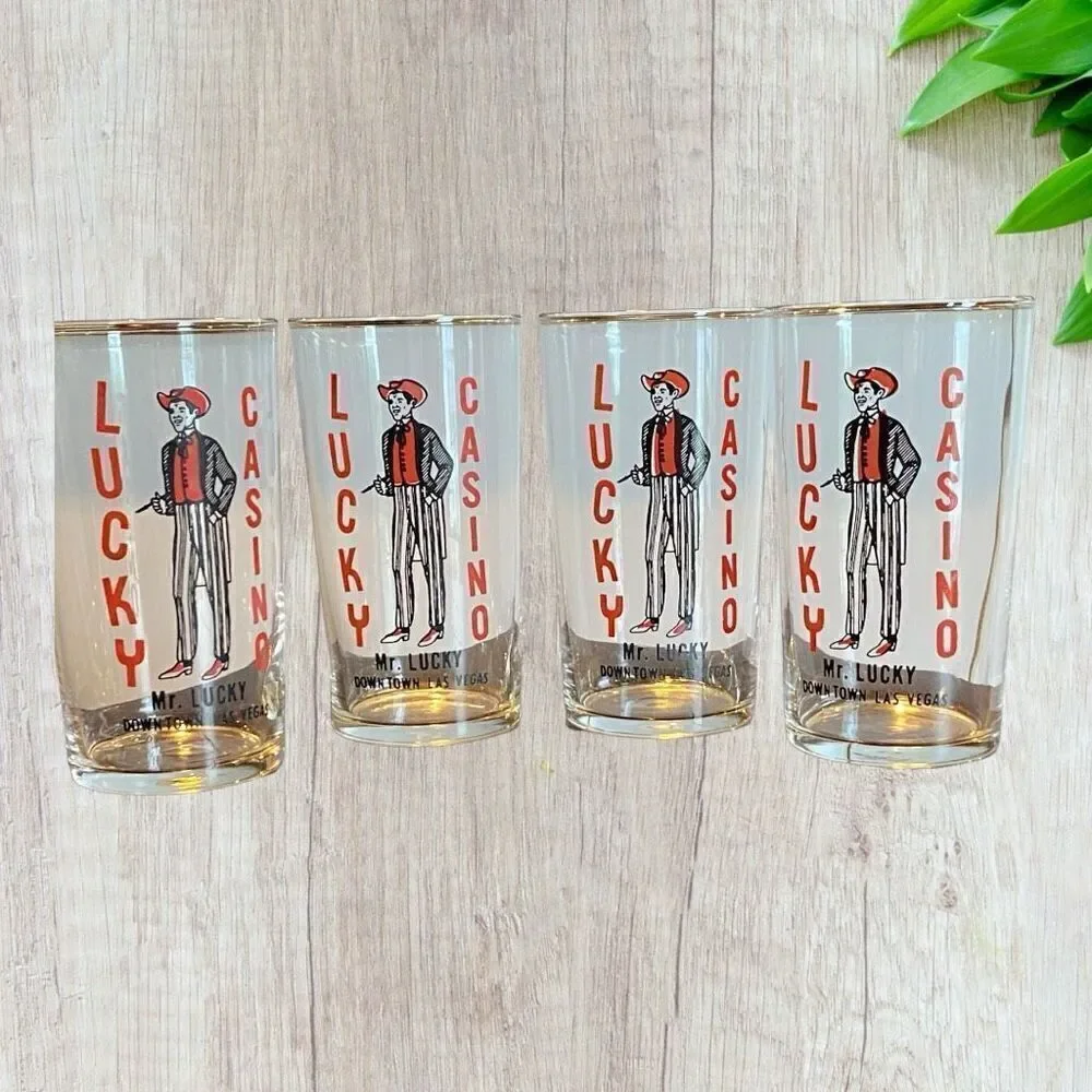 4 - Lucky Casino - Mr. Lucky - Downtown Las Vegas Bar Glass Vintage 4.75”